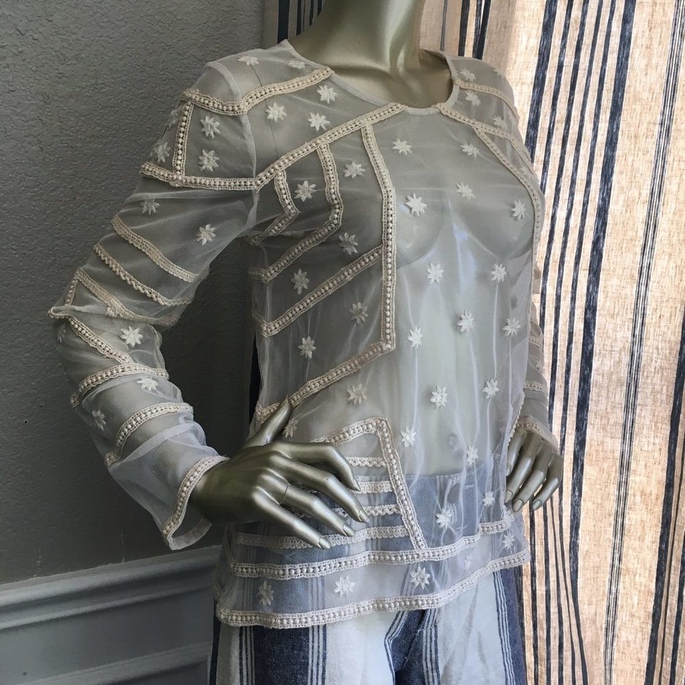 EUC Free People Sheer Beaded Embroidered Blouse M